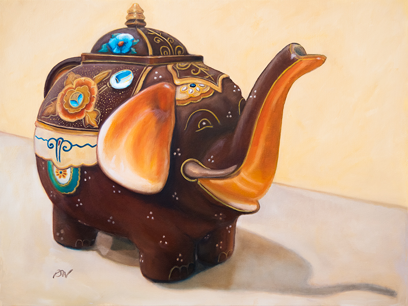 I’m a Little Teapot, original oil painting by Darla Nyren, 30×40 inches, whimsical antique Japanese Satsuma teapot coming to life