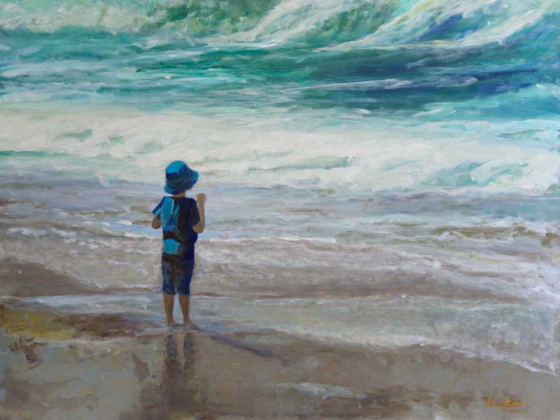 Little Man Big Waves, original acrylic painting by Darla Nyren, 36x48 inches, figure at the ocean’s edge with powerful waves