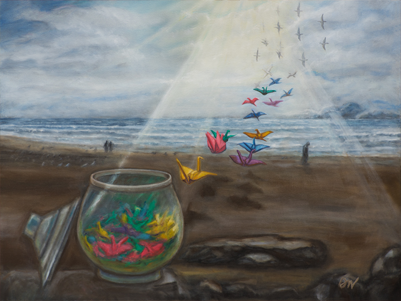More, original oil painting by Darla Nyren, 36×48 inches, surreal and imaginative composition
