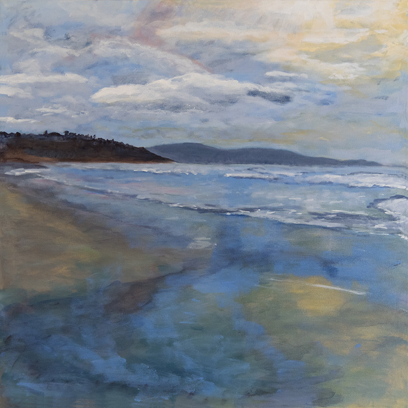 Rushing In, original acrylic painting by Darla Nyren, 36×36 inches, ocean waves crashing on California shore