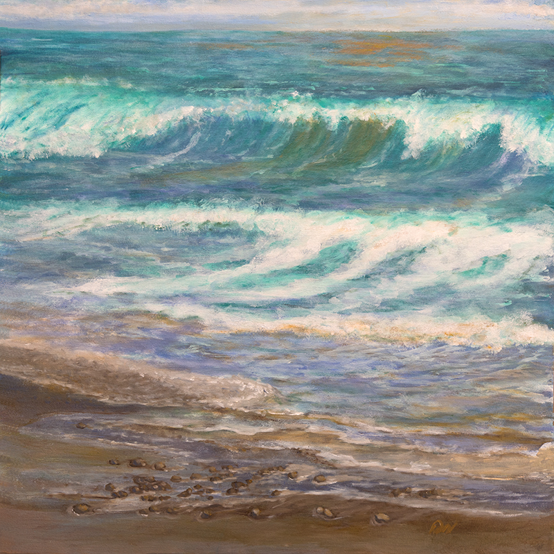 Serenity Symphony, original oil painting by Darla Nyren, 30×30 inches, peaceful coastal seascape in soft blues and creams