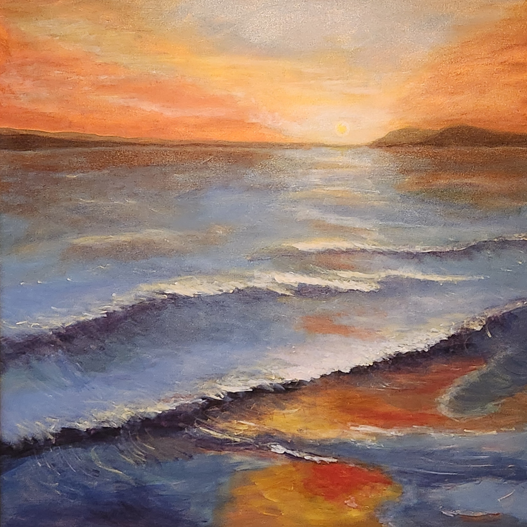 Sunset in Blue by Darla Nyren is a 36 x 36 acrylic coastal painting with orange sunset light, blue surf, and textured shoreline movement